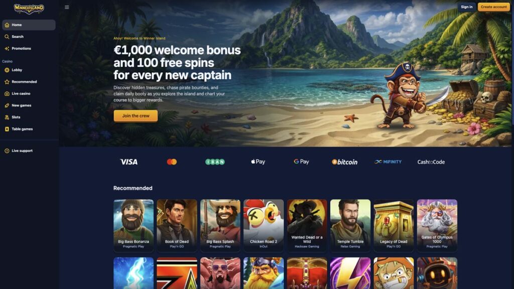 homepage van de bookmaker winner island
